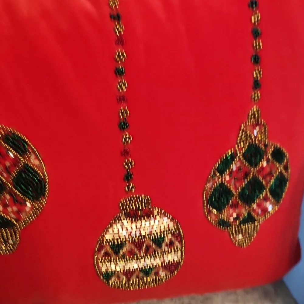 Festive Holiday Red Velvet Beaded Ornament Pillow